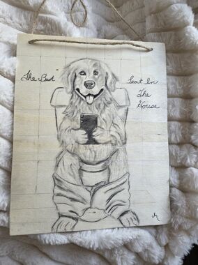 Hand-Drawn Golden Retriever Sitting On The Toilet Wall Art - Neutral Wood Tone